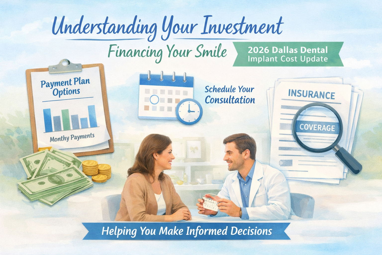 A professional landscape format (1536x1024) image depicting various financial considerations and patient support elements related to dental 