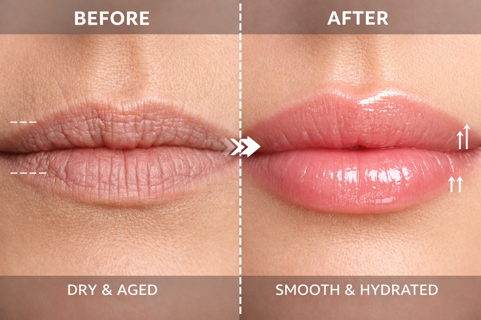 Split-screen comparison image showing before and after lip treatment results, with close-up photography of lips demonstrating improved textu
