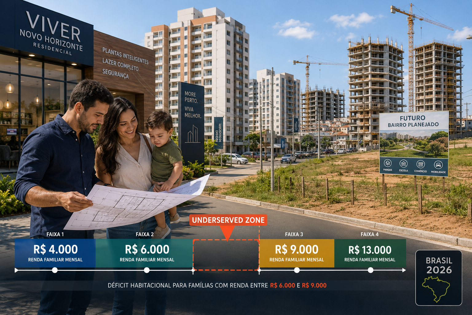 Wide-angle editorial photograph of a Brazilian metropolitan fringe neighborhood in 2026, showing newly constructed mid-rise