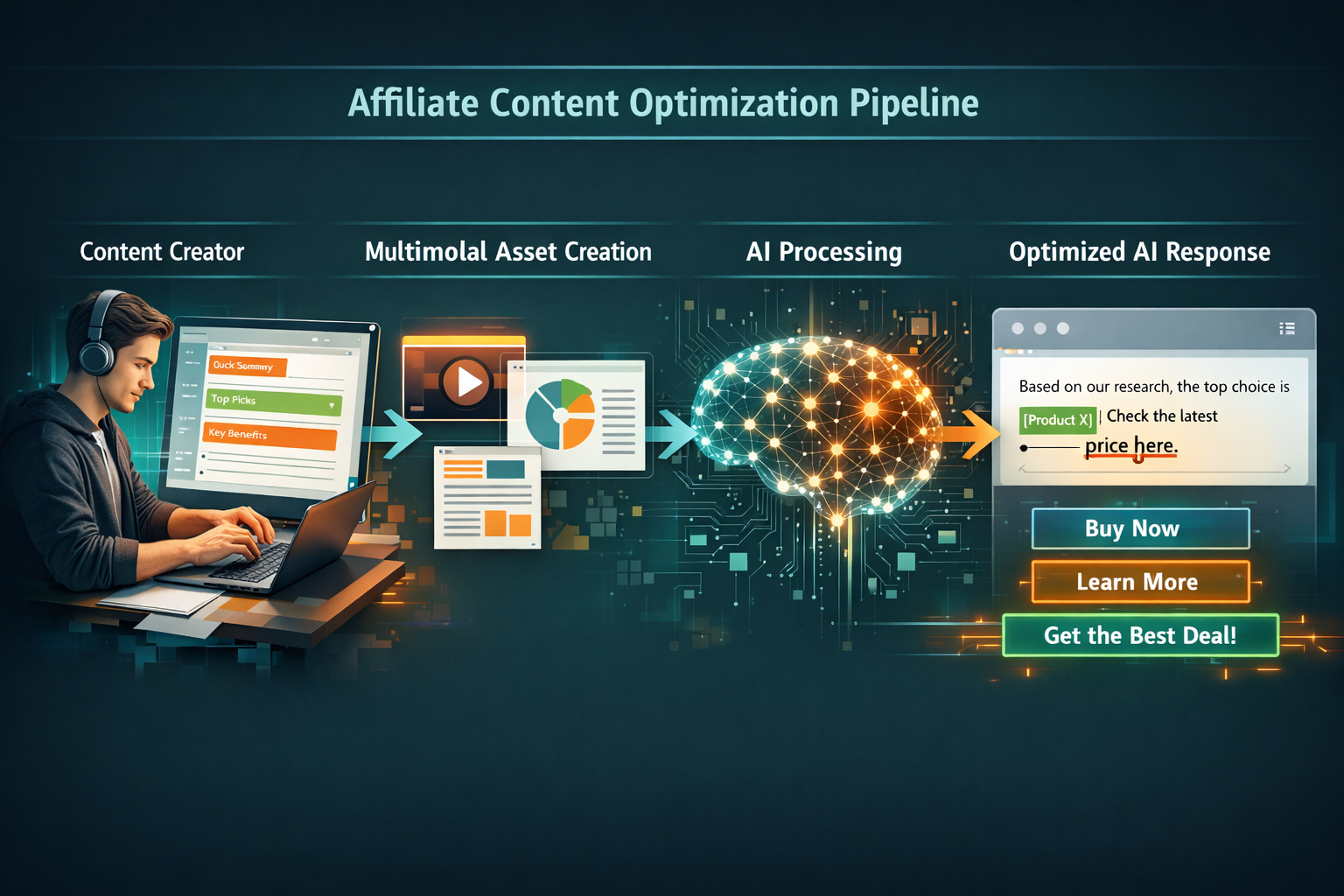 () detailed workflow diagram showing affiliate content optimization pipeline from left to right: content creator at laptop