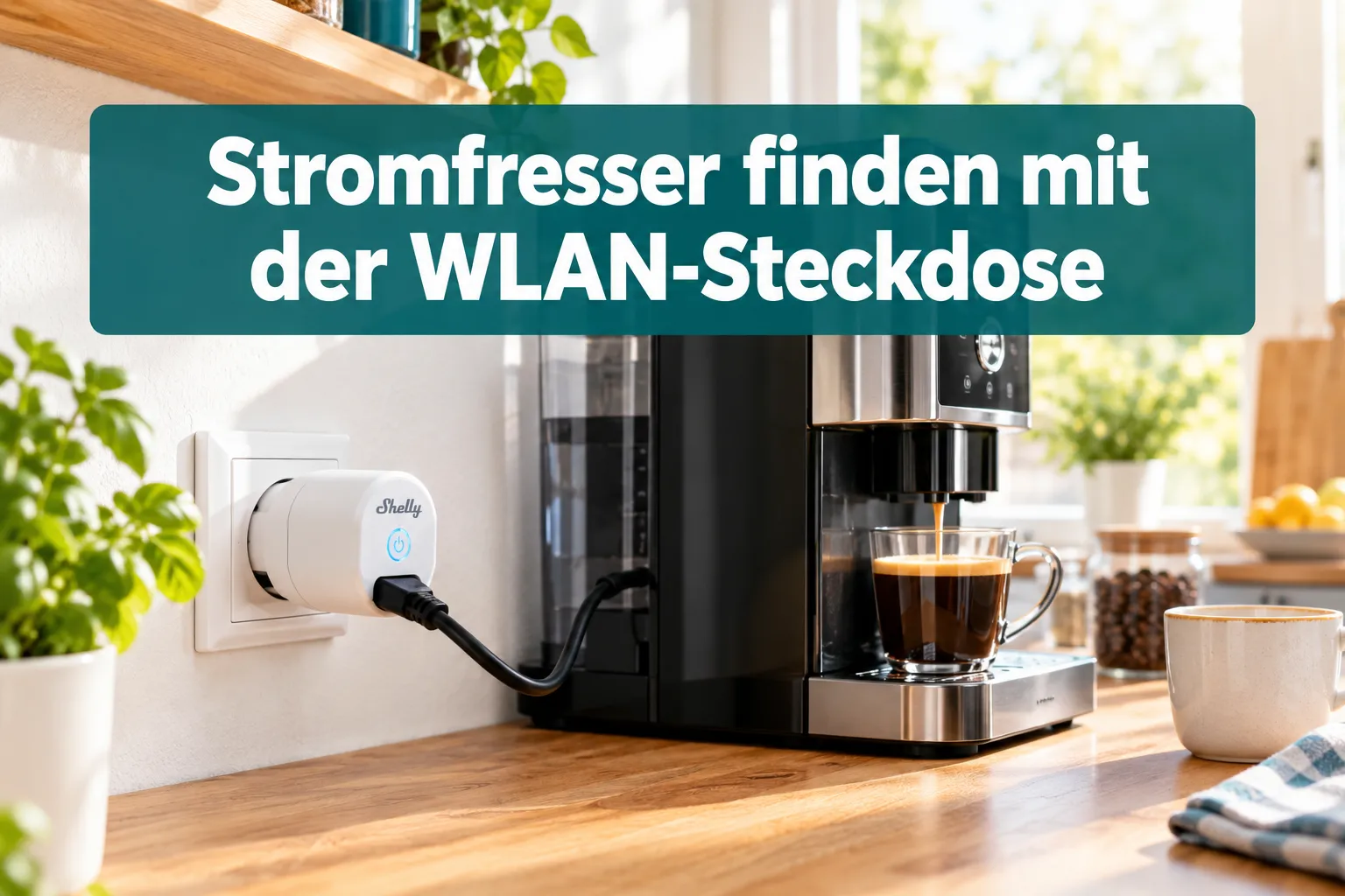 Professional () hero image with (≤42 chars): 'Stromfresser finden mit der WLAN-Steckdose', two lines, white centered on a