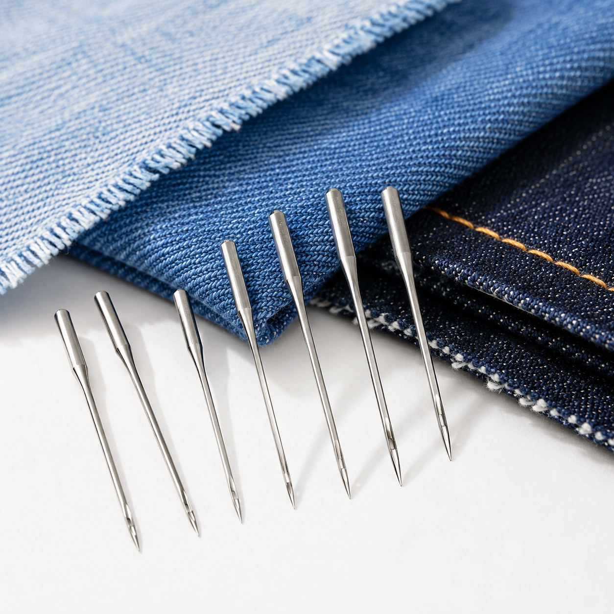 Professional () hero image showing a close-up macro shot of various sewing machine needles arranged on a bright white