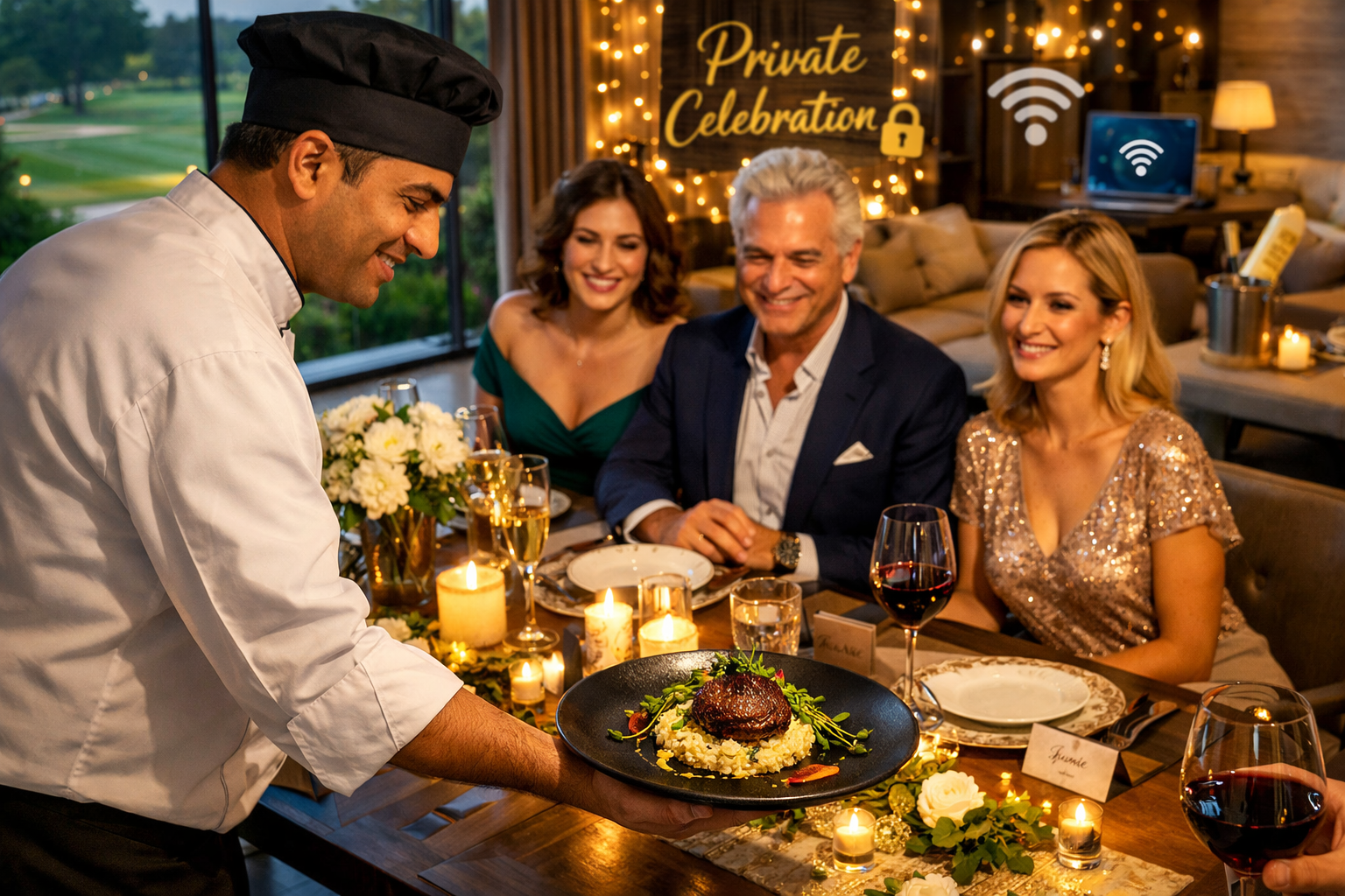 A visually unique () image illustrating an exclusive private chef experience inside a modern luxury Airbnb near Golf Course