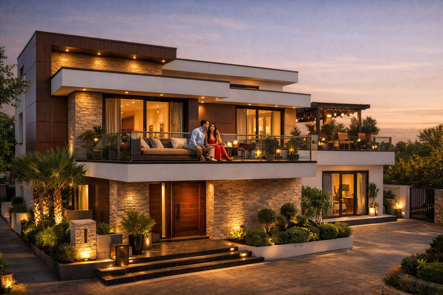 A distinct () image showcasing the exterior of a newly built, luxurious Airbnb property near Golf Course Road, Gurgaon,