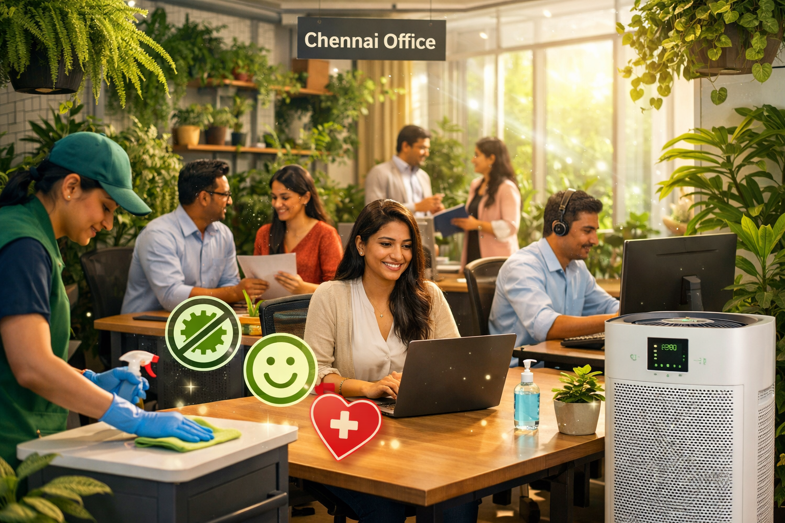 A compelling visual showcasing a modern, vibrant office space in Chennai, filled with healthy employees productively working, surrounded by 