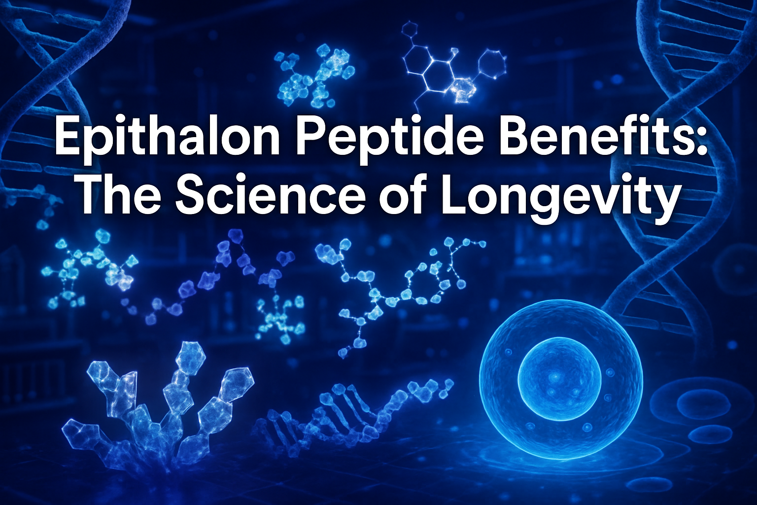 Professional landscape hero image (1536x1024) featuring bold text overlay 'Epithalon Peptide Benefits: The Science of Longevity' in extra la