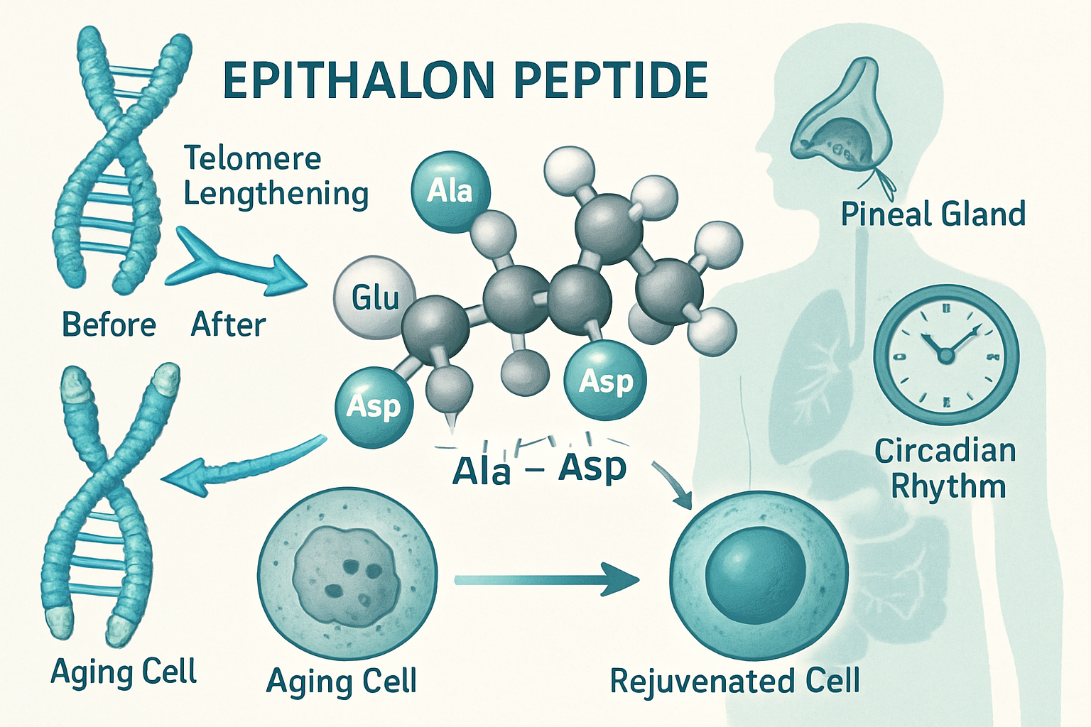 Detailed scientific illustration showing epithalon peptide molecular structure with labeled amino acid sequences (Ala-Glu-Asp-Gly) in 3D ren