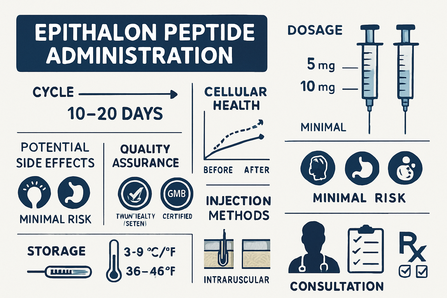Comprehensive infographic displaying epithalon peptide administration protocols and safety information with visual timeline showing recommen