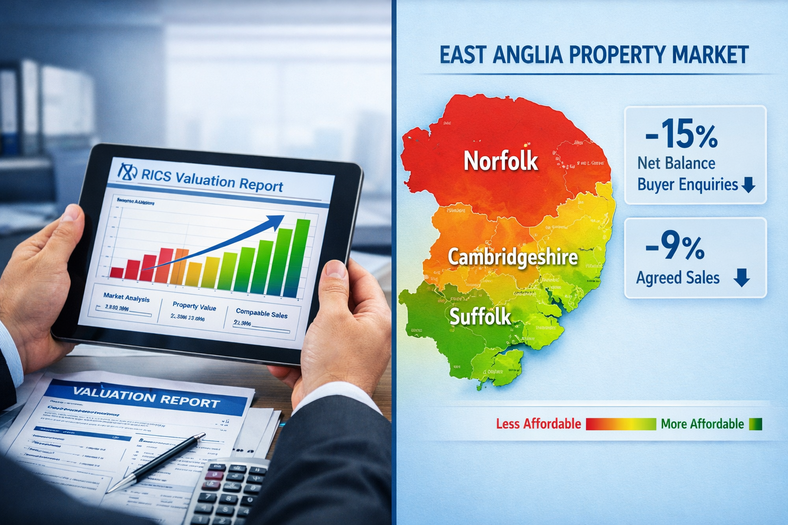 Detailed () image showing split-screen comparison of East Anglia regional property market data. Left side displays detailed