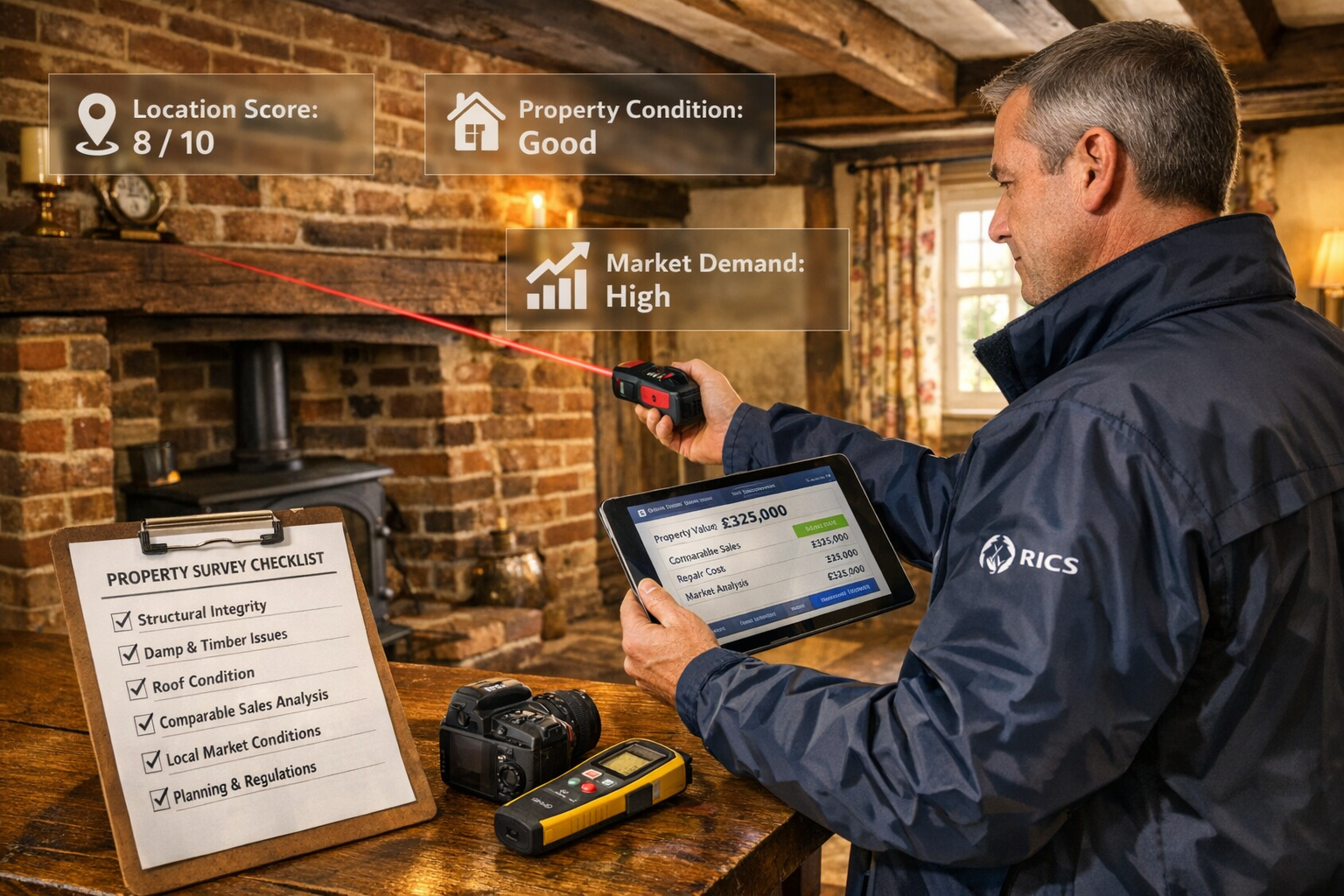 Detailed () image depicting RICS chartered surveyor conducting comprehensive property valuation in traditional East Anglia