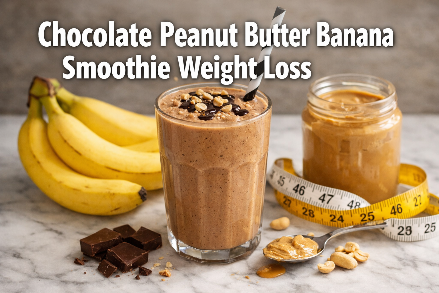 Professional landscape hero image (1536x1024) featuring bold text overlay 'Chocolate Peanut Butter Banana Smoothie Weight Loss' in extra lar