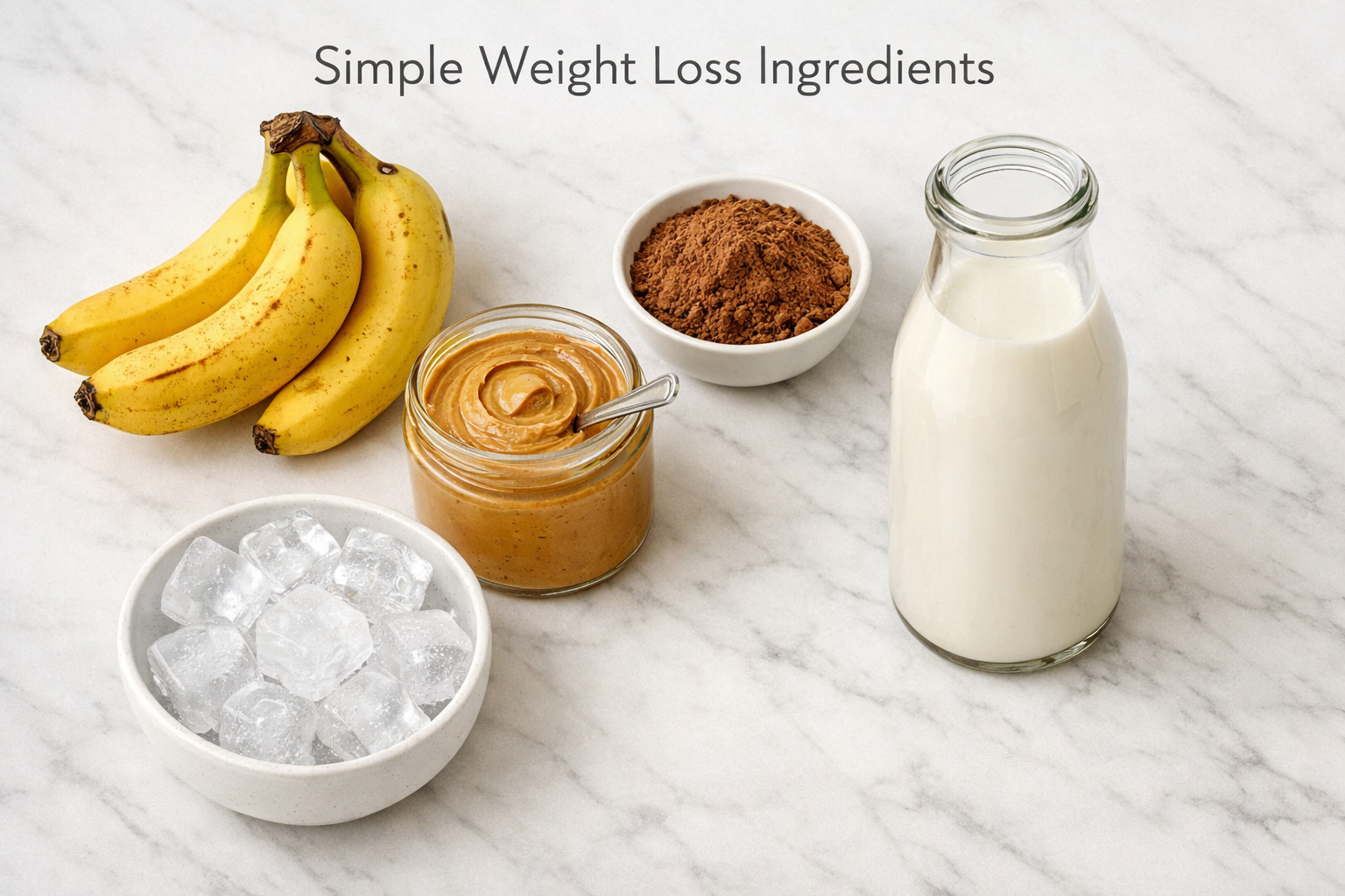 Detailed landscape image (1536x1024) showing ingredients for chocolate peanut butter banana smoothie arranged on white marble surface: ripe 