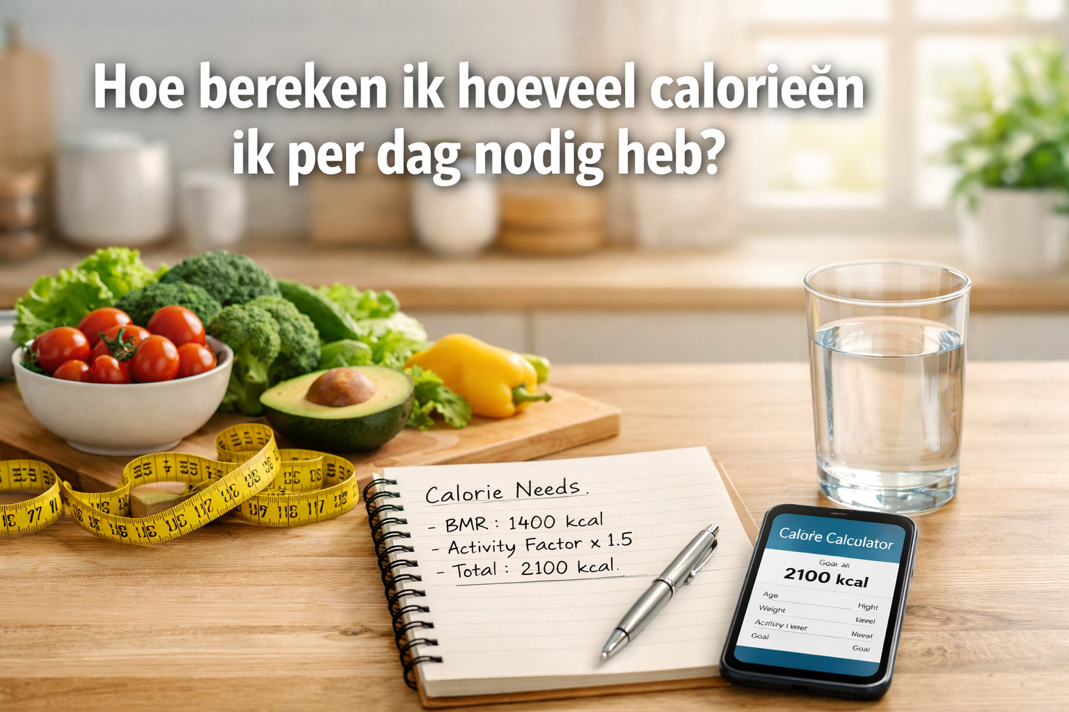 Professional landscape hero image (1536x1024) featuring bold text overlay 'Hoe bereken ik hoeveel calorieën ik per dag nodig heb?' in extra