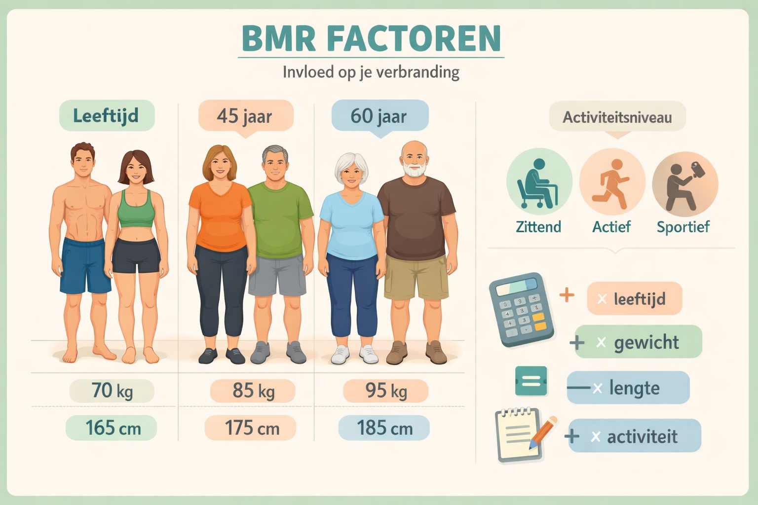 Detailed infographic illustration showing three different body types (male and female figures) with overlay text indicating BMR calculation