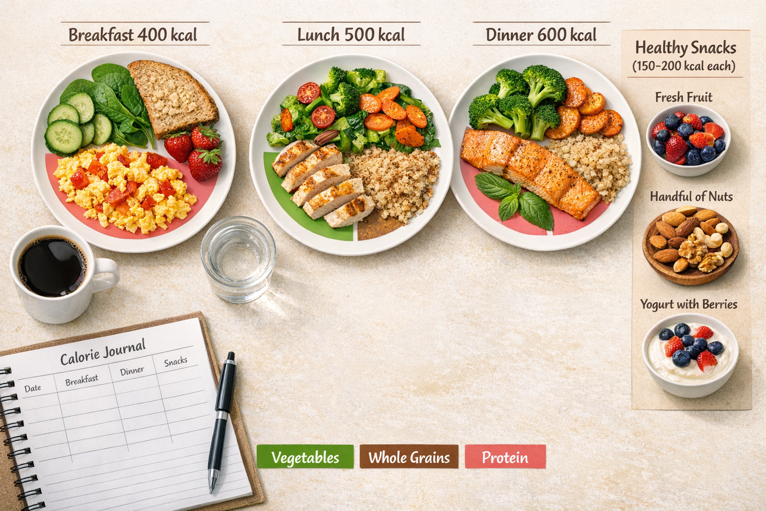 Practical meal planning visual showing three balanced plates for breakfast, lunch, and dinner with calorie counts clearly labeled (400 kcal,