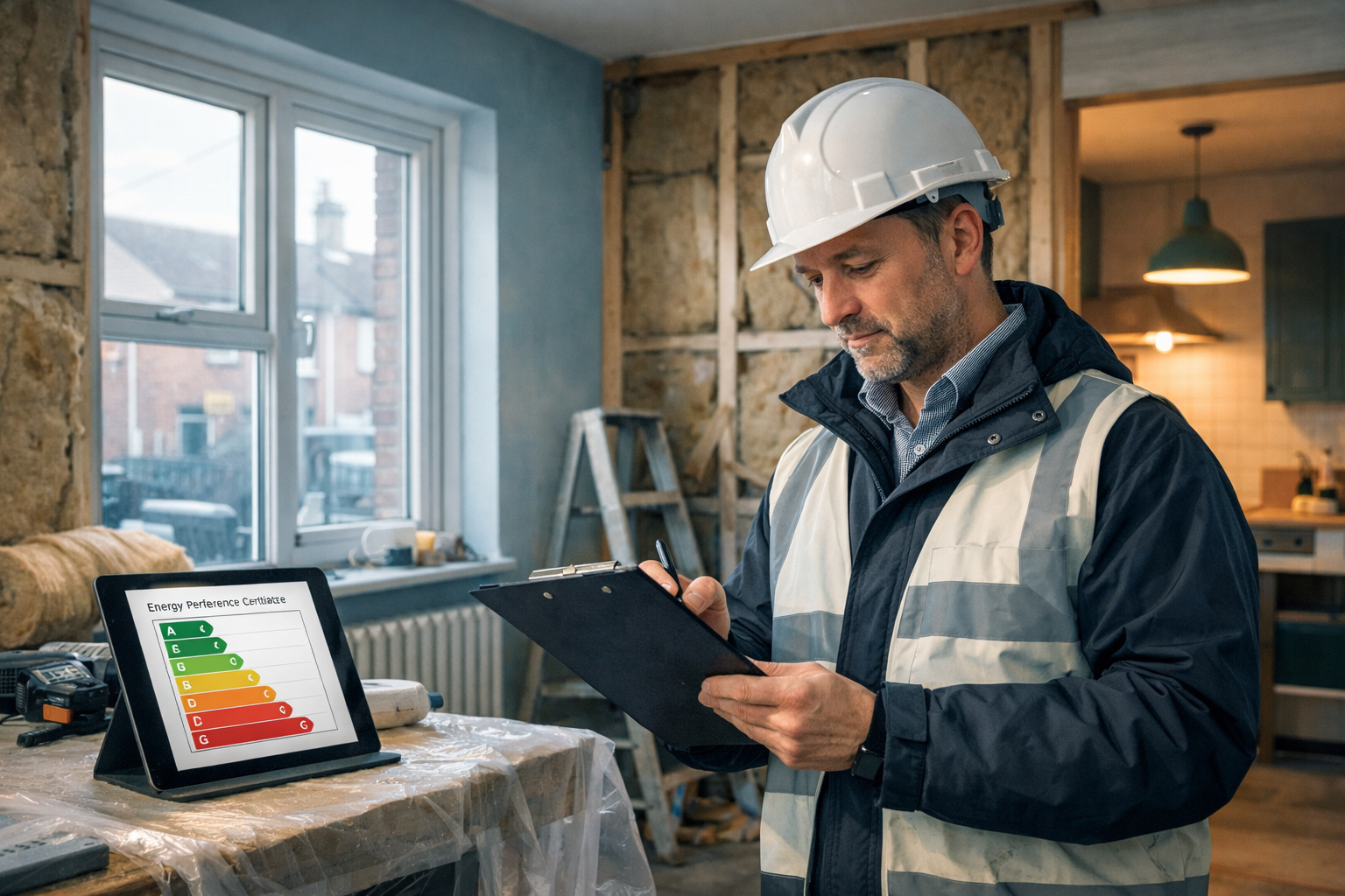 Wide-angle editorial photograph of a chartered surveyor in a hard hat reviewing EPC documentation on a clipboard inside a