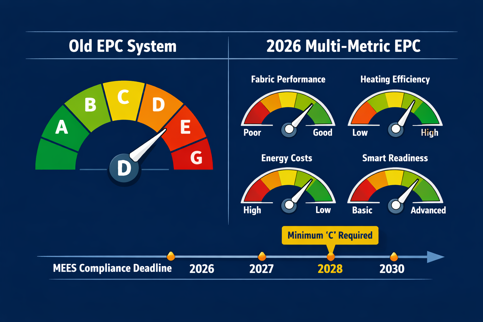 Data visualisation infographic style image showing a split comparison table: left side labelled 'Old EPC System' with single