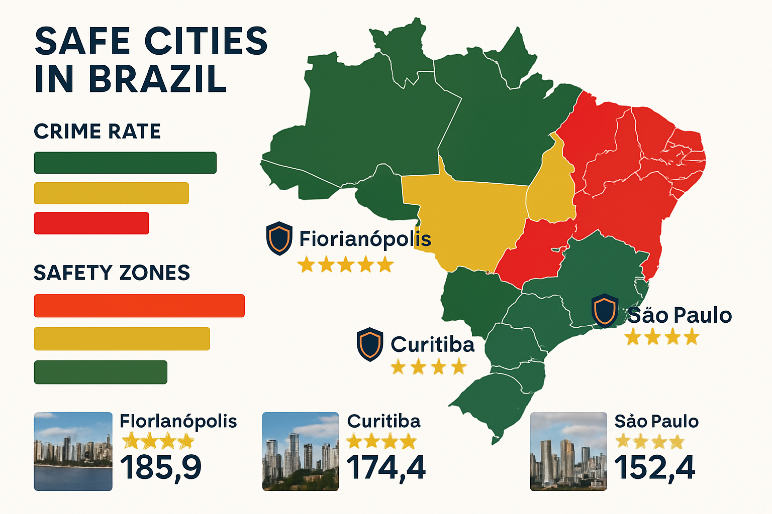 Detailed landscape infographic (1536x1024) showing map of Brazil with highlighted safe cities including Florianópolis, Curitiba, and São Pau