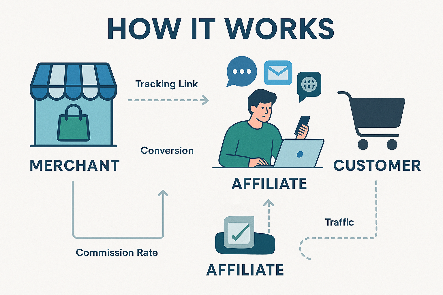 A detailed infographic (1536x1024) illustrating the core components and flow of an affiliate advertising program. It should depict a merchan