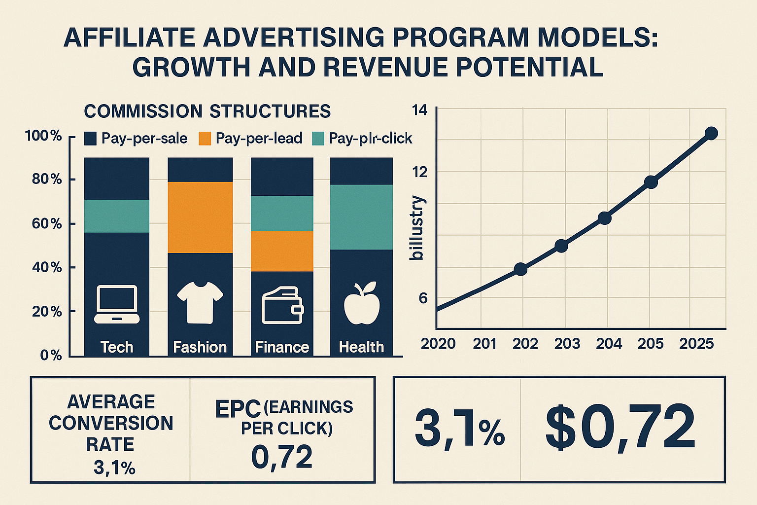 A complex data visualization (1536x1024) showing the growth and revenue potential within different affiliate advertising program models. Thi