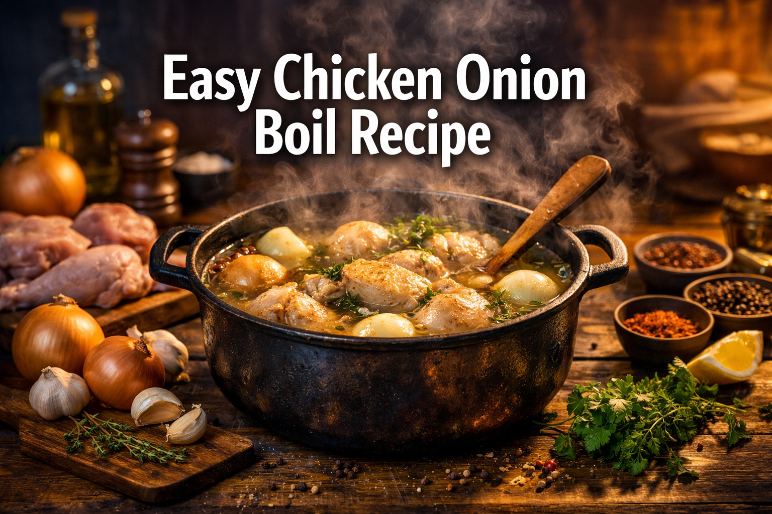 Professional landscape hero image (1536x1024) featuring bold text overlay 'Easy Chicken Onion Boil Recipe' in extra large 72pt white sans-se
