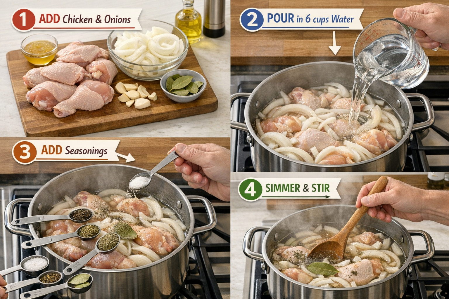 Detailed landscape image (1536x1024) showing step-by-step chicken onion boil preparation with numbered visual guide overlay. Large pot on st