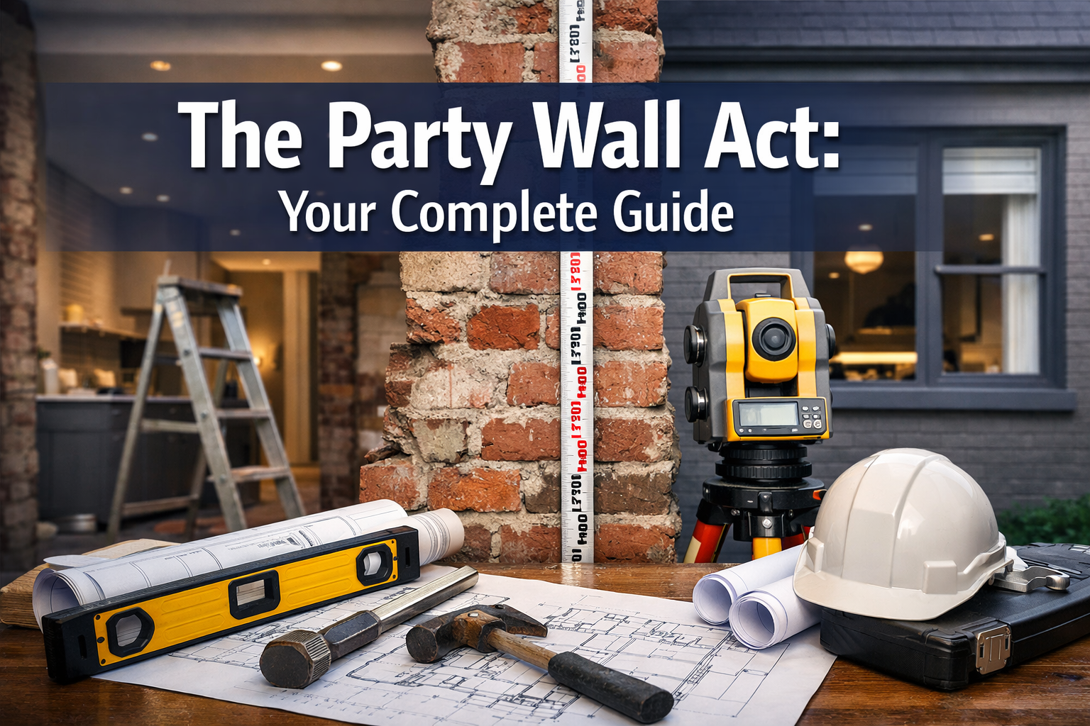 Professional landscape hero image (1536x1024) featuring bold text overlay 'The Party Wall Act: Your Complete Guide' in extra large 72pt whit