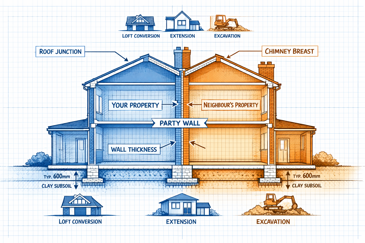 Detailed infographic illustration (1536x1024) showing cross-section diagram of terraced houses sharing a party wall, with labeled arrows poi