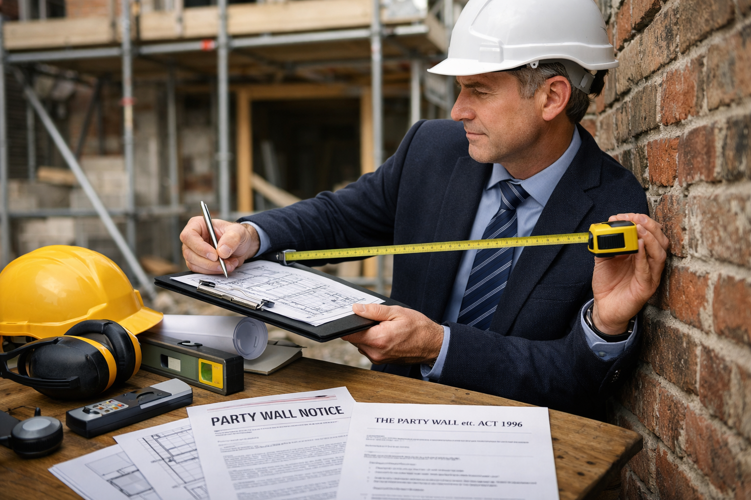 Professional photograph (1536x1024) of chartered surveyor in business attire conducting party wall inspection, holding clipboard and measuri