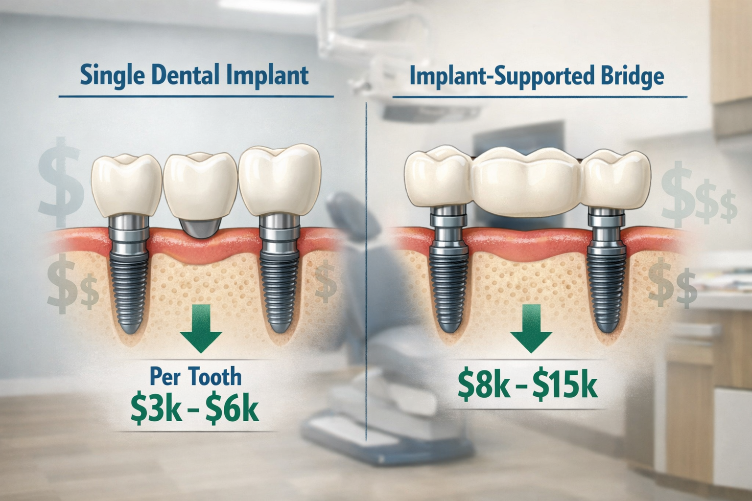 Landscape format (1536x1024) editorial image depicting a clear diagram illustrating the difference between a single dental implant and an im