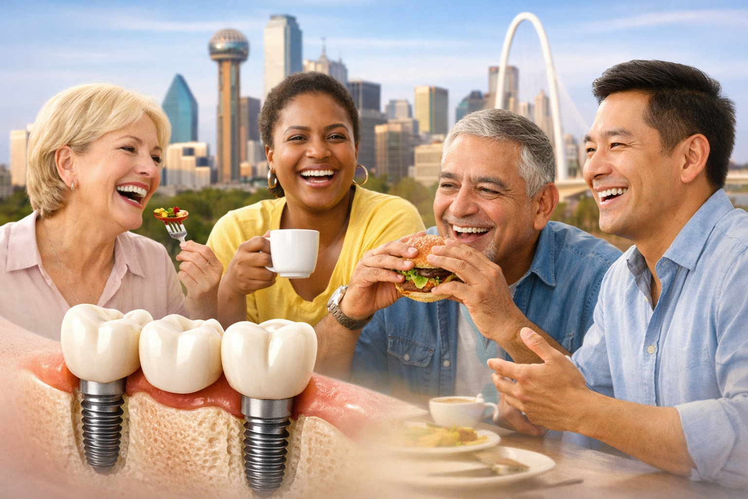 Landscape format (1536x1024) image illustrating the long-term benefits and patient experience with implant-supported bridges in Dallas. The