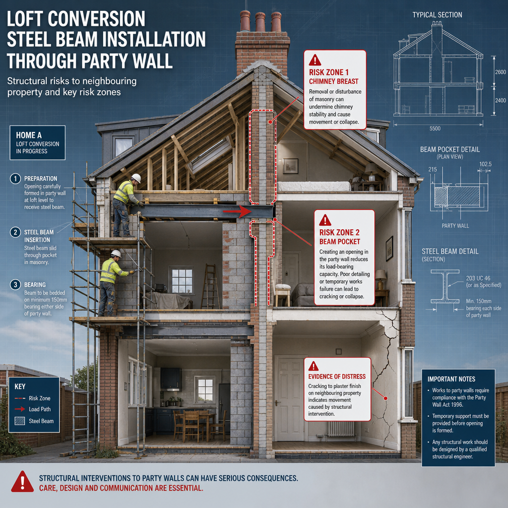 Wide-angle editorial illustration showing a cross-section diagram of two semi-detached UK homes sharing a party wall, with a
