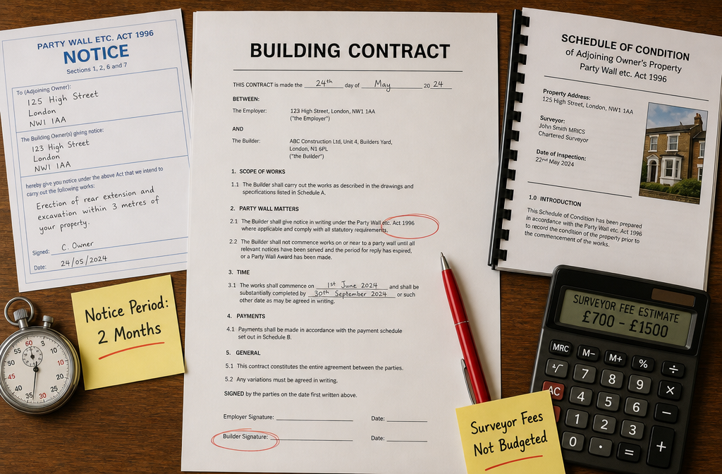 Overhead flat-lay editorial photograph of a builder's contract document on a wooden desk, surrounded by a Party Wall Act