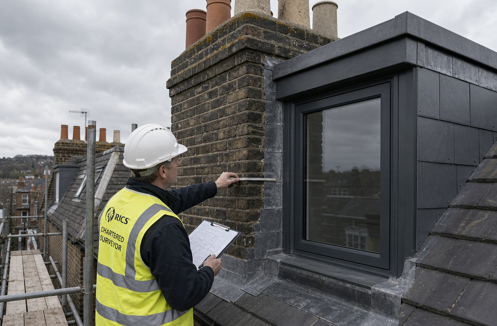 Close-up editorial photograph of a shared chimney stack on a terraced row of UK houses at roofline level, showing a new