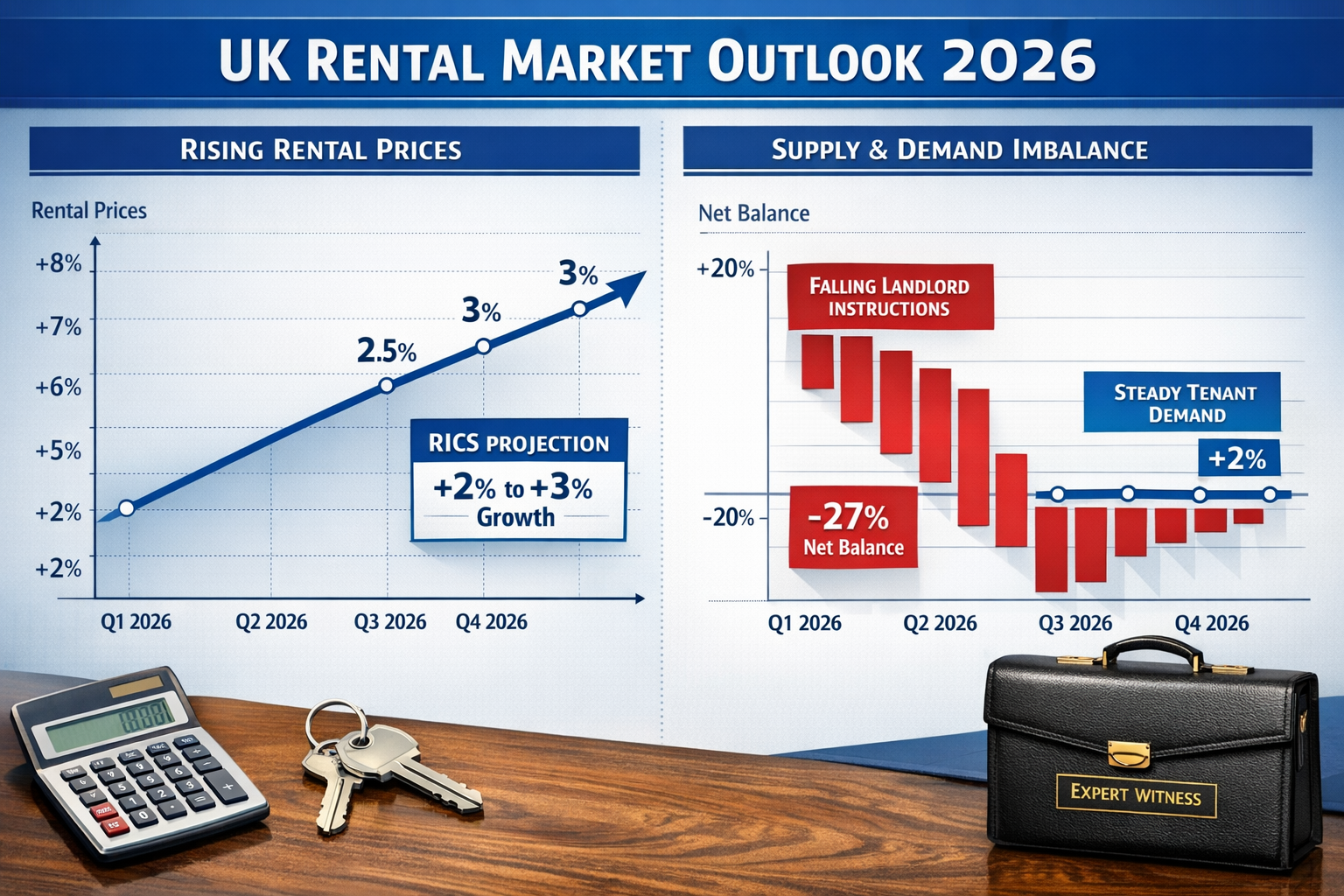 () detailed infographic showing UK rental market dynamics with split-screen composition: left side displays upward-trending
