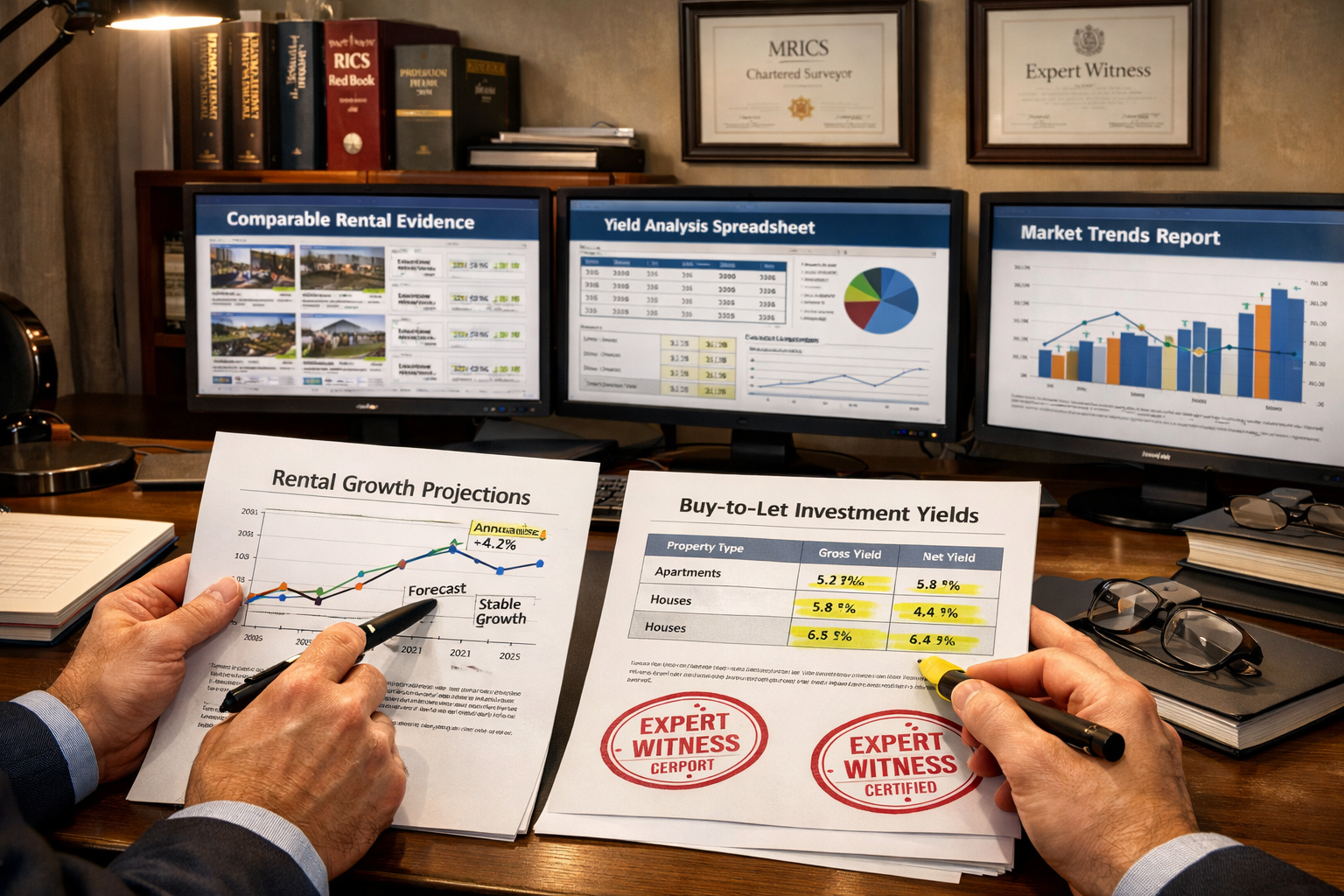 () professional scene inside modern property valuation office showing RICS-qualified expert witness preparing detailed