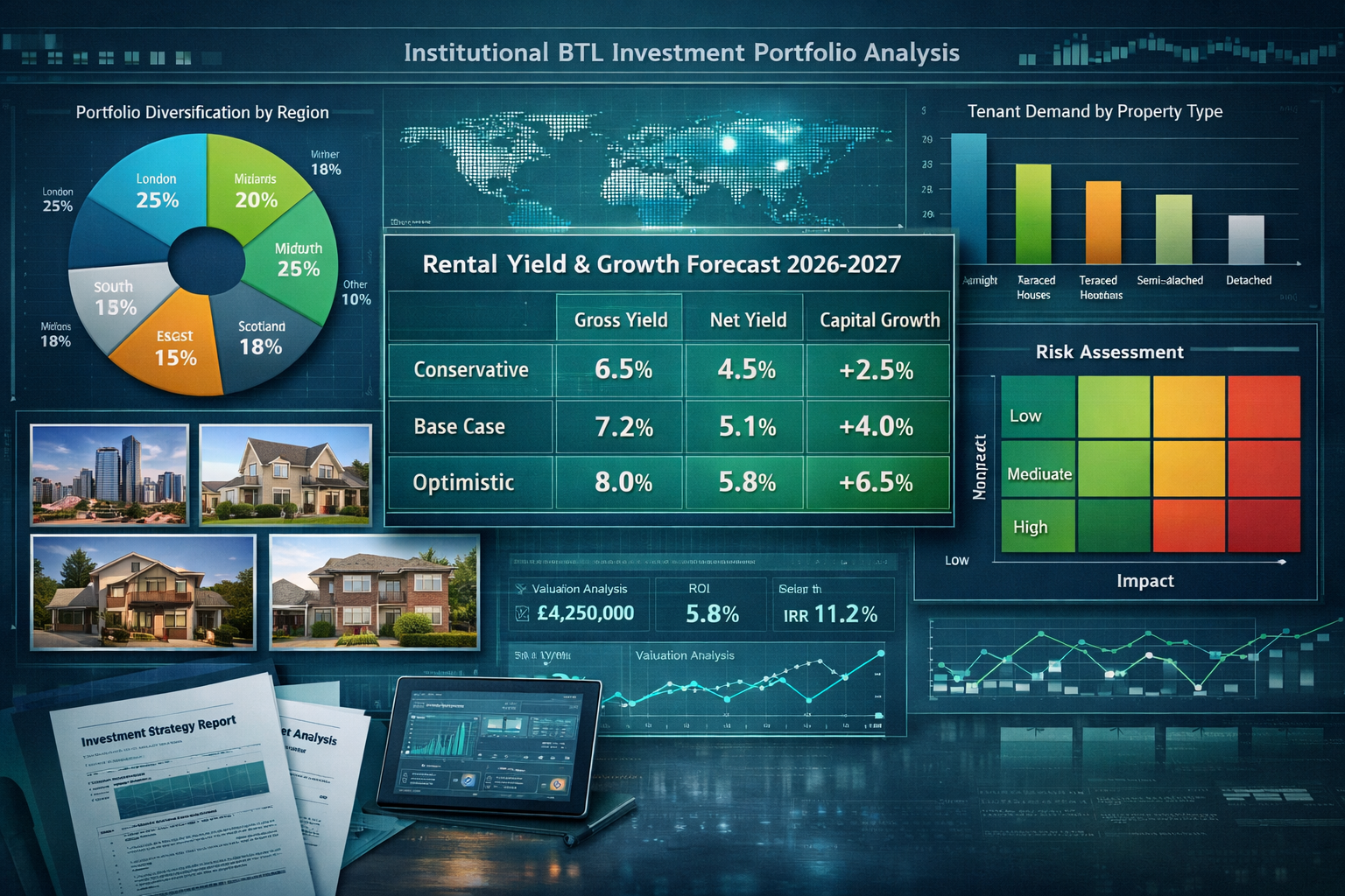 () sophisticated financial visualization showing institutional BTL investment portfolio analysis with layered composition: