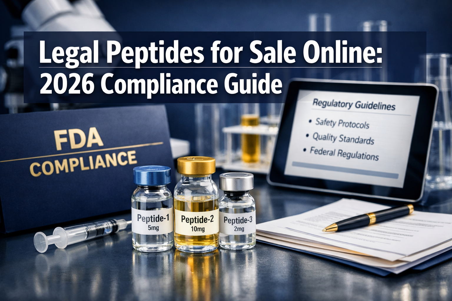 Professional landscape format (1536x1024) hero image featuring bold text overlay 'Legal Peptides for Sale Online: 2026 Compliance Guide' in 