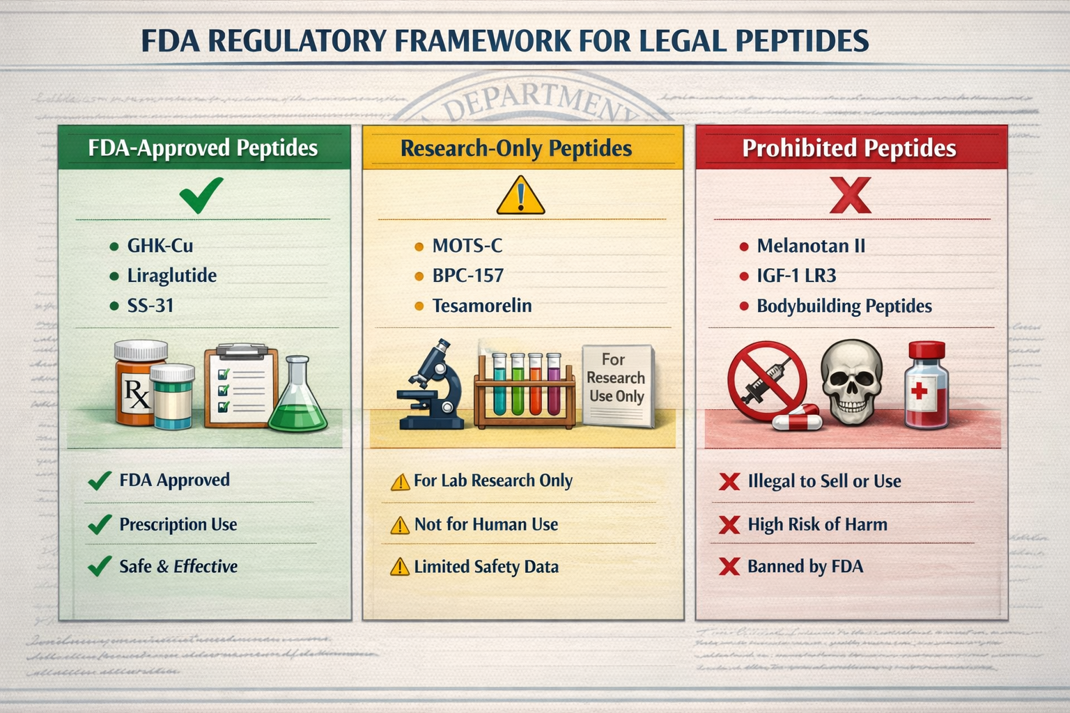 Landscape format (1536x1024) detailed infographic showing FDA regulatory framework for legal peptides with three distinct columns: 'FDA-Appr