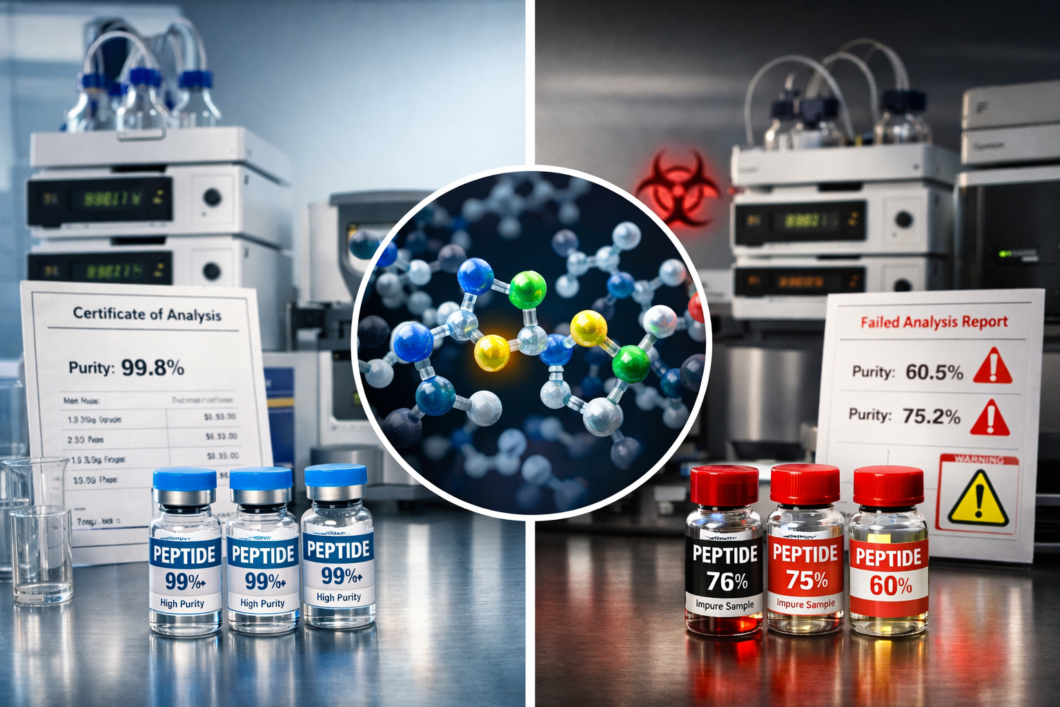 Landscape format (1536x1024) visualization of peptide quality verification process showing laboratory testing equipment including HPLC machi