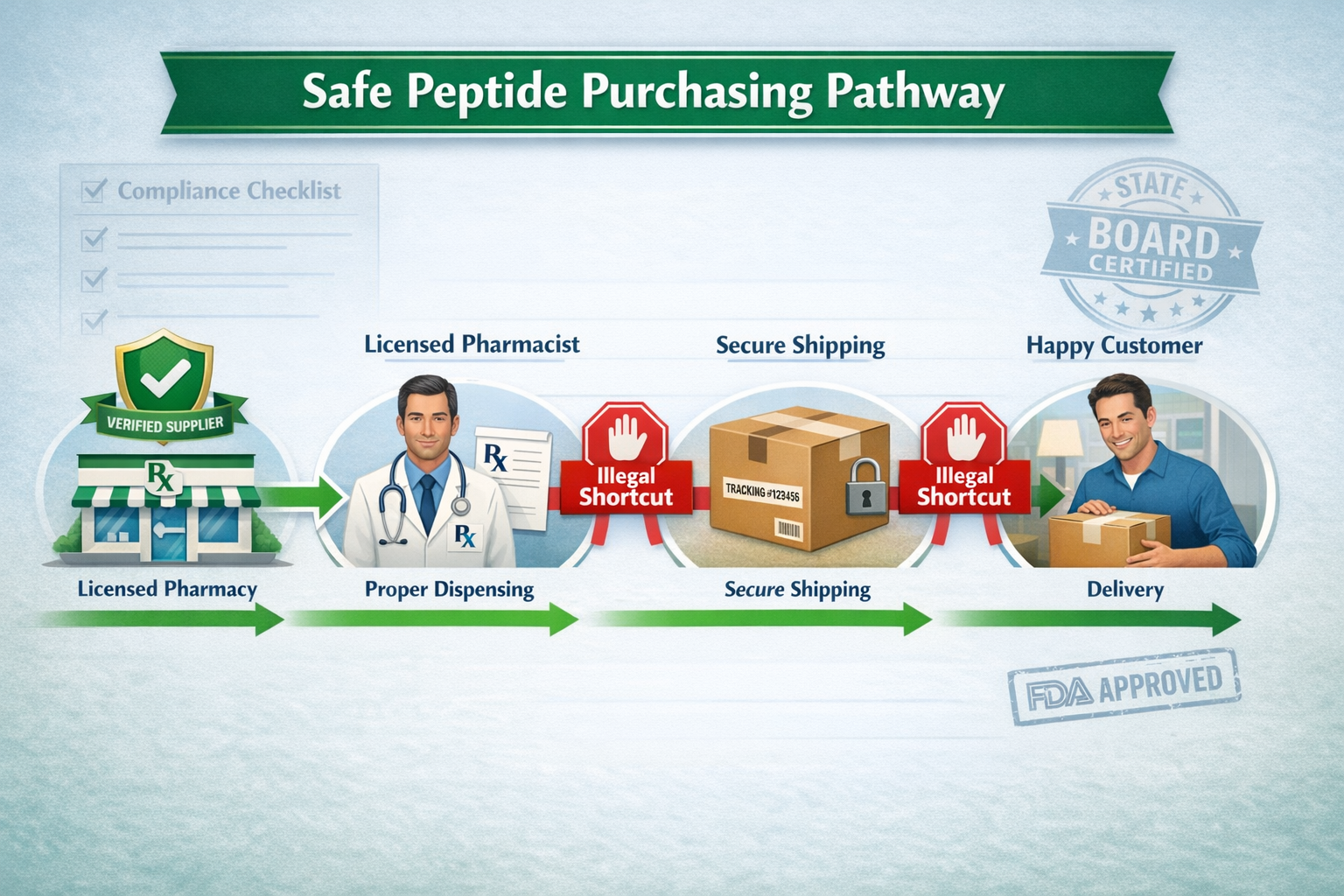 Landscape format (1536x1024) conceptual illustration of safe peptide purchasing pathway showing step-by-step flowchart from licensed pharmac