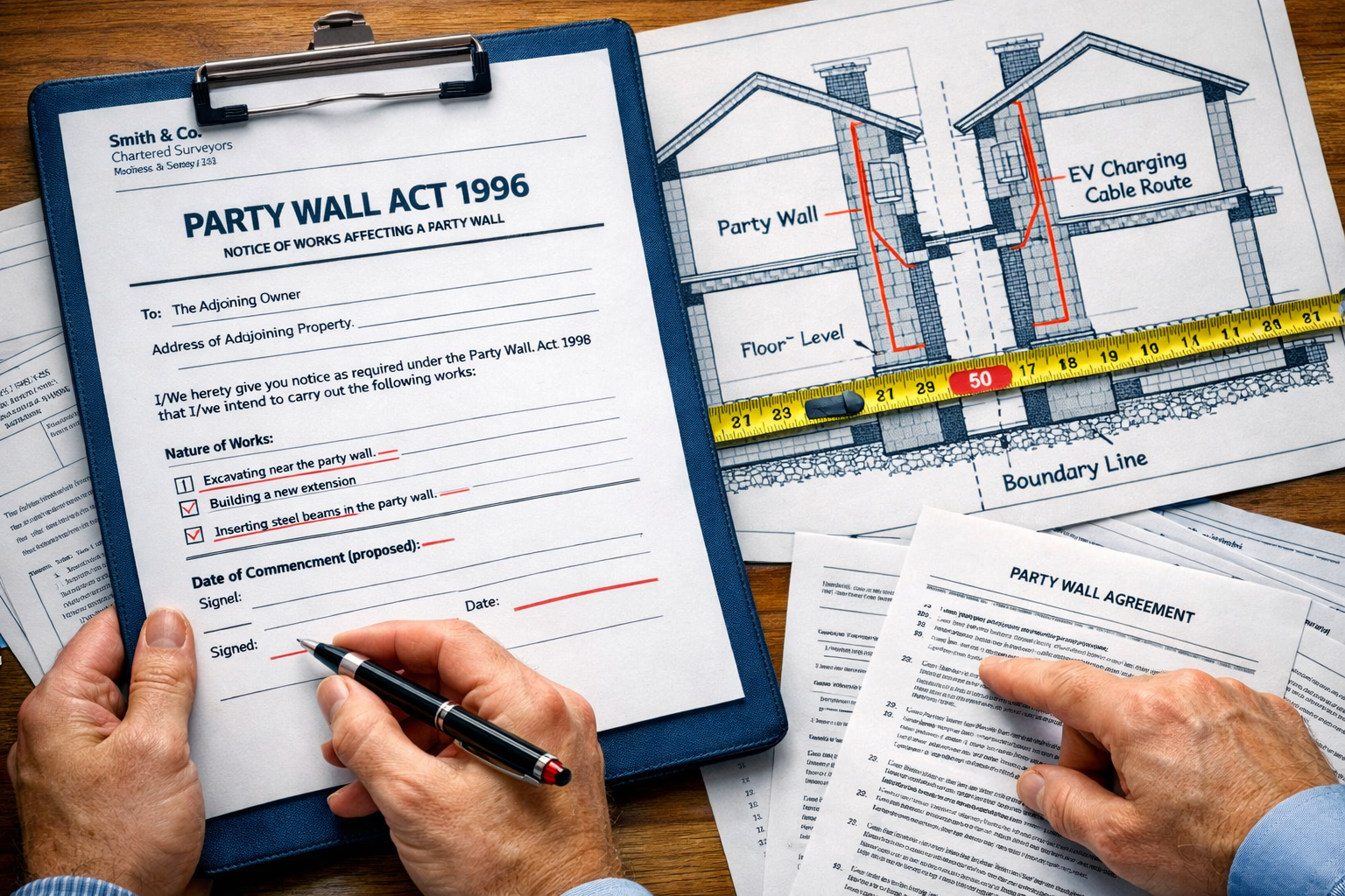 Detailed () image showing close-up view of Party Wall Act 1996 statutory notice document on clipboard with official
