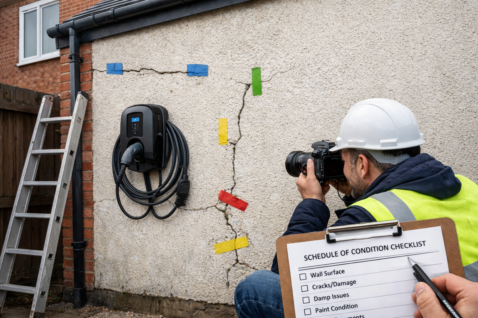 Wide-angle () photograph of residential property boundary showing two adjoining houses with shared party wall, EV charging