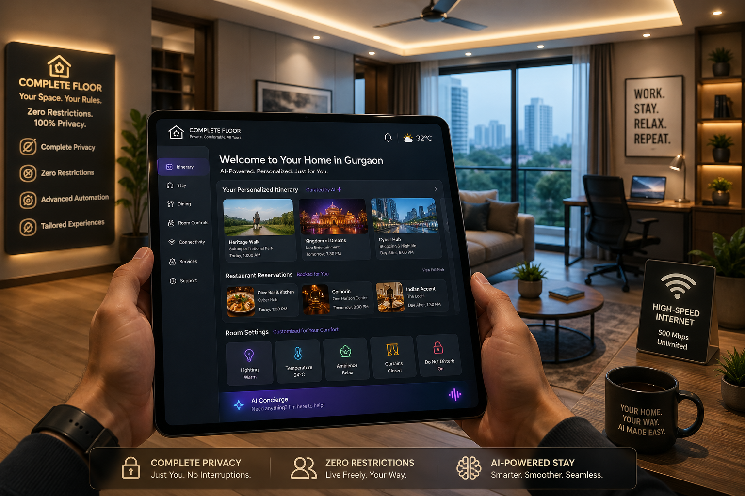 A detailed landscape image () illustrating a smart home interface on a tablet, showcasing a personalized itinerary for an