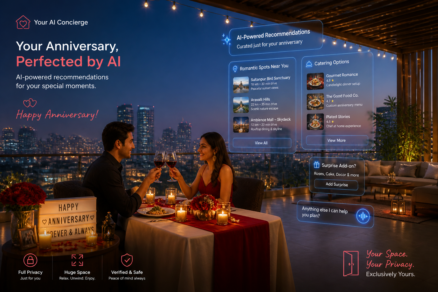 A vibrant landscape image () depicting a celebratory moment on a private terrace of an Airbnb in Gurgaon, featuring a young