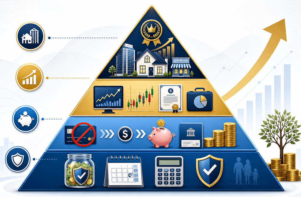 () detailed infographic showing the wealth creation pyramid with four distinct levels: foundation level showing emergency