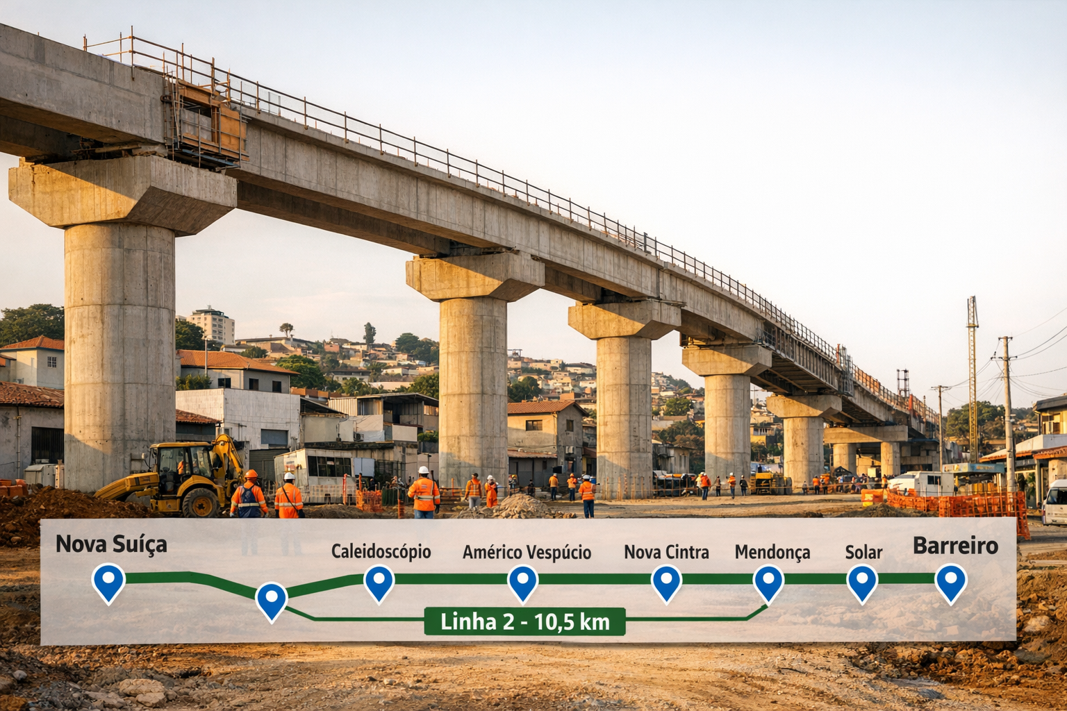 Wide-angle ground-level photograph of Linha 2 metro station construction site in Barreiro district, Belo Horizonte, Brazil,