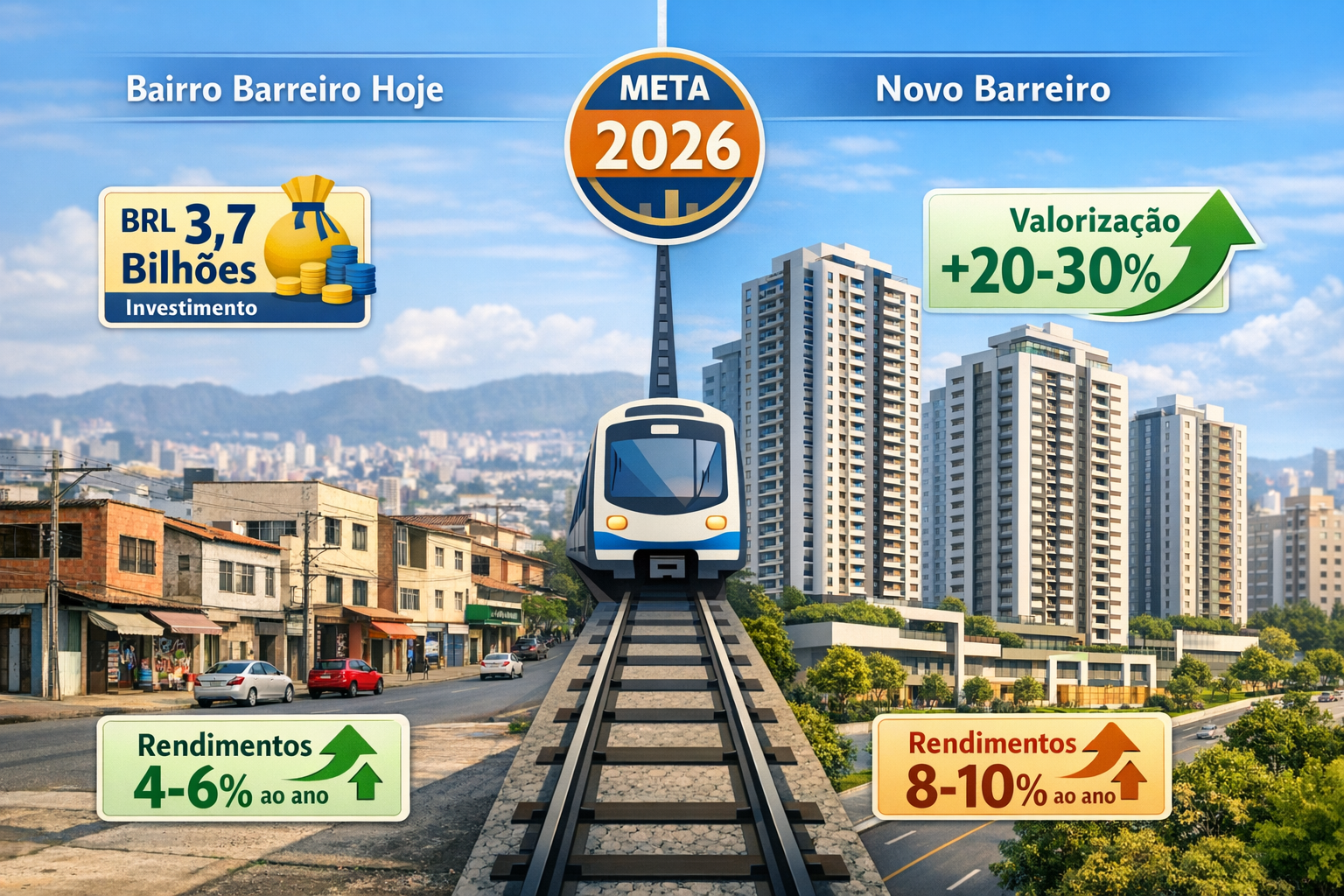 Detailed real estate investment infographic illustration set against a blurred Belo Horizonte urban backdrop, featuring a