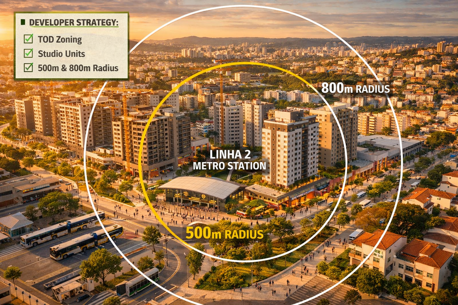 Aerial drone perspective over a mixed-use development zone near a proposed Linha 2 metro station in Belo Horizonte, showing