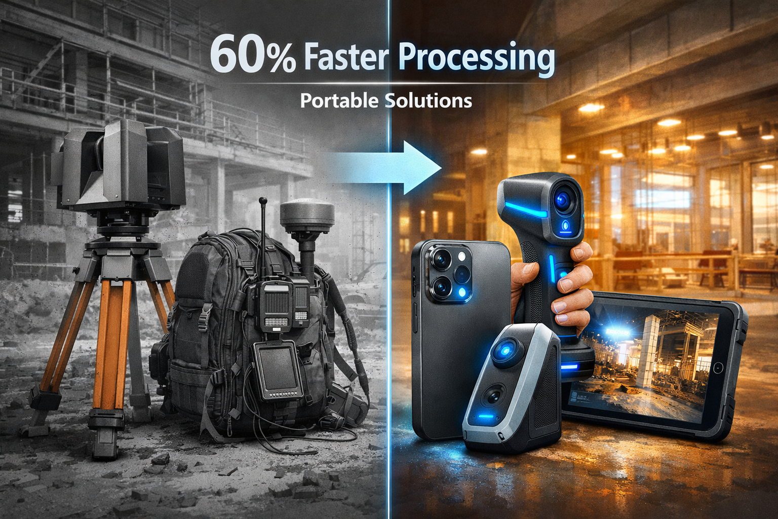 Detailed landscape format (1536x1024) image showing comparison split-screen: left side displays traditional bulky surveying equipment (tripo